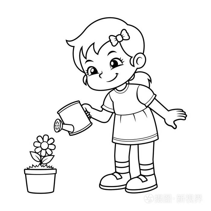 女孩浇水她的花卉植物bw.插画-正版商用图片12rcm3-摄图新视界