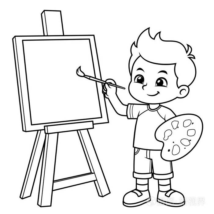 男孩在画布上学习画画