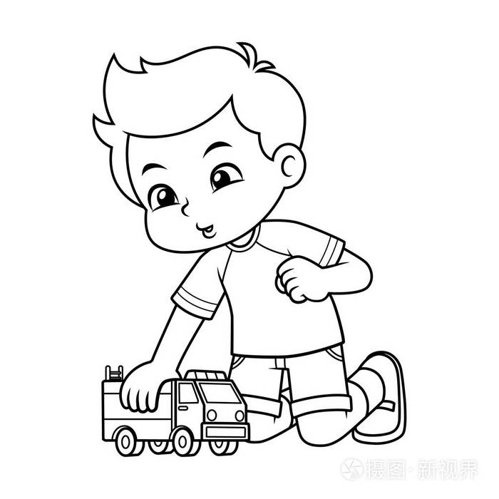 男孩玩他的卡车玩具bw.插画-正版商用图片12rcw2-摄图新视界
