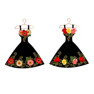 衣服剪影在衣架上,有花和花边. 矢量图.照片