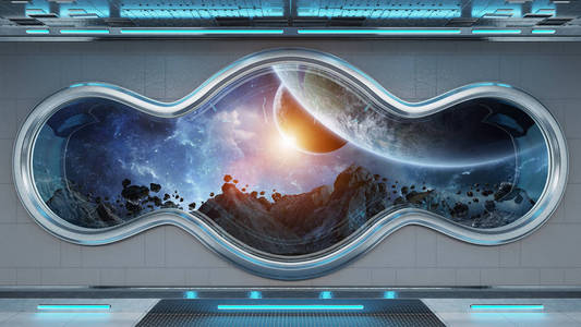 科技行星白色科技宇宙飞船,圆窗内部,可看到遥远行星系统,3d渲染元素