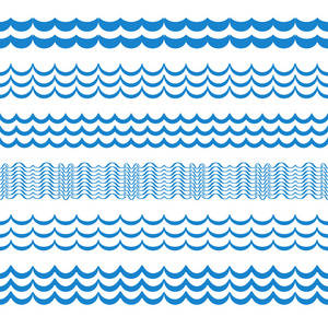 蓝色海浪矢量无缝边界水平水元素或潮汐线收集。 一套装饰重复的波浪隔板框架或刷子隔离在白色背景上