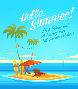 海洋治愈了一切。 夏季报价。 暑假海报背景与小岛甲板椅，太阳伞，沙滩棕榈和海洋。 矢量图。