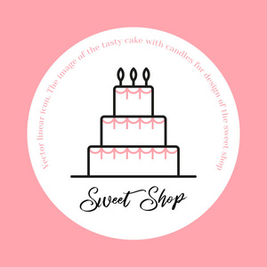 堆叠的生日蛋糕徽章甜点与颜色装饰线艺术矢量图标甜蜜商店标志和咖啡馆应用程序。
