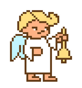 小天使男孩按铃像素艺术人物隔离在白色背景. 圣诞贺卡.