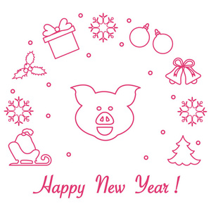 新年快乐圣诞树，猪，雪橇，书包，槲寄生，礼盒，球，铃铛，雪花..猪是2019年中国新年的象征。