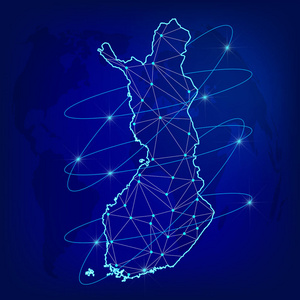 全球物流网络概念。 通信网络地图芬兰的世界背景。 芬兰地图与节点的多边形风格。 矢量插图eps10。
