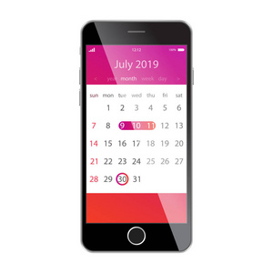 智能手机屏幕上的日历。计划, 时间表, 时间表, 预约, 提醒应用程序的概念。2019年7月