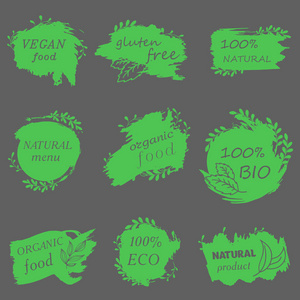 我喜欢有机的。 餐厅包装广告菜单矢量插图。 一组标识图标设计元素。 涂鸦标志。 天然食品有机食品素食。 健康食品标签。 手工绘图