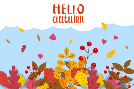 你好秋天, 背景以下落的叶子, 黄色, 橙色, 褐色, 秋天, 刻字, 模板为海报, 横幅, 载体, 隔绝