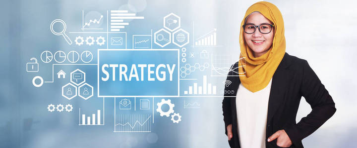 商业概念。 微笑快乐成功的亚洲穆斯林女商人与战略词在虚拟屏幕上。 现代文字排版设计