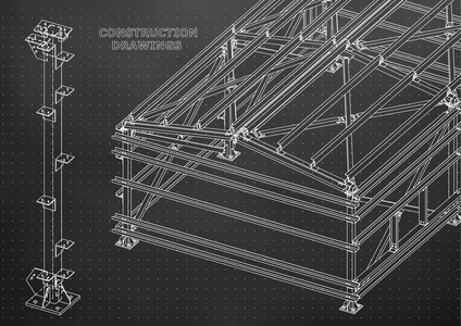 建筑。 金属结构。 体积结构。 三维设计。 抽象封面横幅。 黑色的。 要点