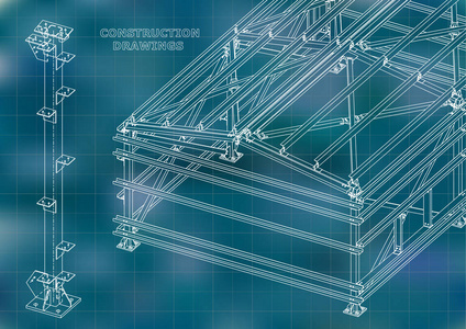 建筑。 金属结构。 体积结构。 三维设计。 抽象封面横幅。 蓝色。 网格
