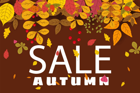 秋季销售横幅, 背景落叶, 黄色, 橙色, 棕色, 秋季, 刻字, 海报模板, 横幅, 矢量, 孤立