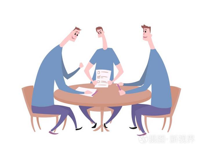 树上的人在桌子上谈话.商务会议, 工作面试, 谈判.平面矢量图.在白色