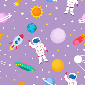 可爱的无缝彩色图案与太空宇航员恒星行星地球ufo火箭宇宙飞船卫星