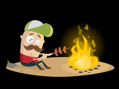 有趣的家伙在篝火旁烤香肠
