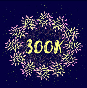 在蓝色背景上带有扁平花环的300k跟随者背景. 网站模板照片