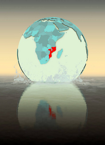 莫桑比克在地球仪上溅到水里。 三维插图。