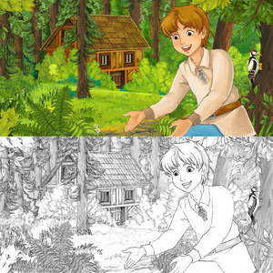 卡通场景，小男孩在森林中旅行，遇到隐藏的木屋，为孩子们提供艺术着色页面插图