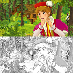 卡通场景与年轻的王子旅行和遇到隐藏的木屋在森林与艺术着色页插图儿童