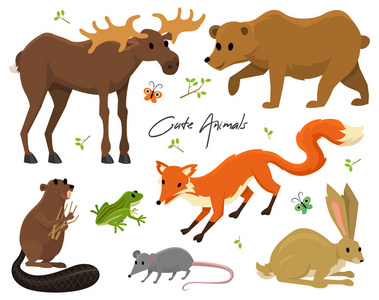 可爱的动物为婴孩。野生驼鹿和鹿, 野兔, 狼和熊。青蛙和狐狸。复古世界。卡通矢量