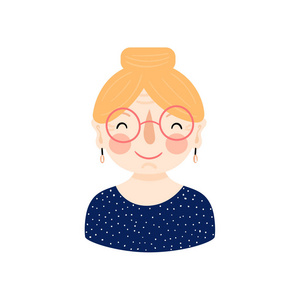 祖母图标插图与微笑的老妇人与黄色的头发和眼镜. 祖母卡通人物.