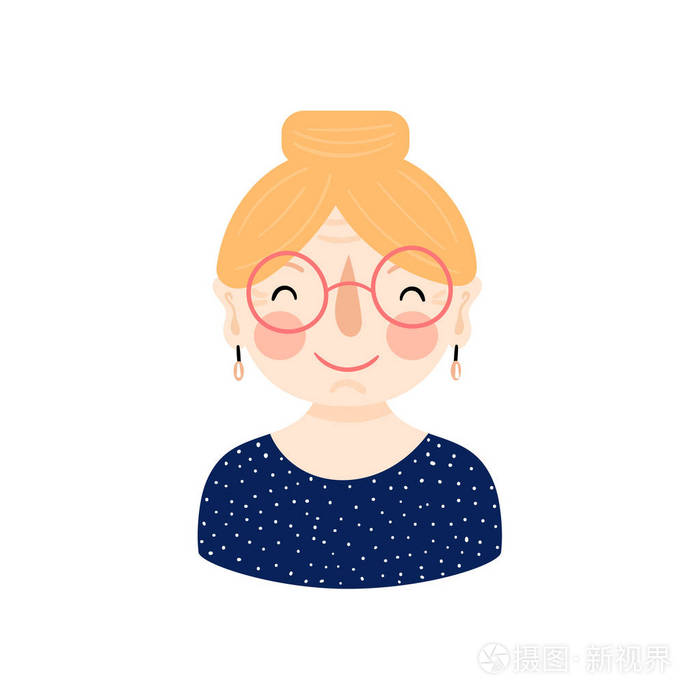 插图与微笑的老妇人与黄色的头发和眼镜. 祖母卡通人物. 矢量图标.