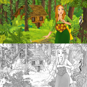 卡通场景与小女孩公主在森林附近隐藏的木屋与艺术着色页插图的儿童