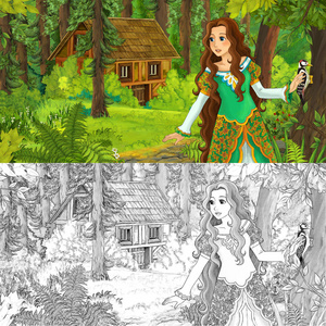 卡通场景与小女孩公主在森林附近隐藏的木屋与艺术着色页插图的儿童