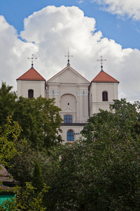 圣玛丽教堂立面后面的树木在特拉凯立陶宛。 它是由1409年伟大的维塔塔斯创立的。