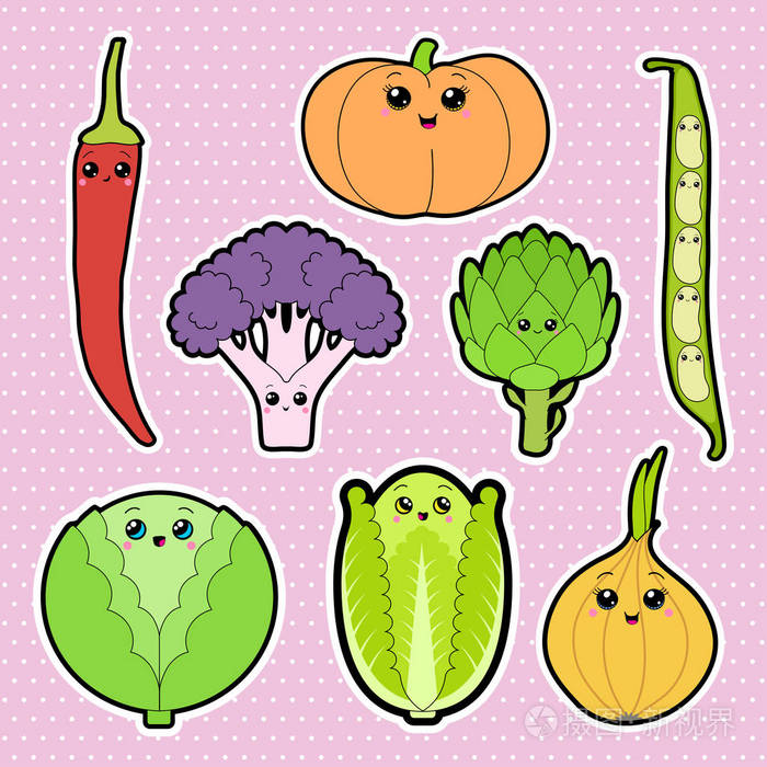 一套贴纸,颜色图案为欢快的蔬菜,风格为卡瓦伊,轮廓为黑色.