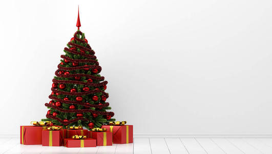 装饰圣诞树与礼品盒在白色房间。 三维插图