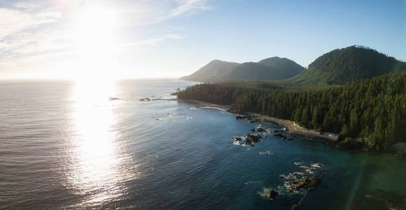 在太平洋海岸美丽的海滩的鸟瞰，一个充满活力的阳光明媚的夏季日落。 乘坐筏湾省级公园诺滕温哥华岛BC加拿大。