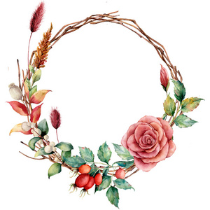 水彩花圈与 dogrose 和花。手绘树边框与大丽花, 树枝和叶子, lagurus 孤立的白色背景。设计织物或背景插图