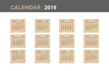 日历2019套月历在棕色纸和白色木材背景上。 矢量图。