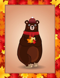 矢量卡通人物插图可爱熊在针织围巾和帽子与枫叶的爪子框秋季叶边框。 贺卡明信片横幅标志印刷