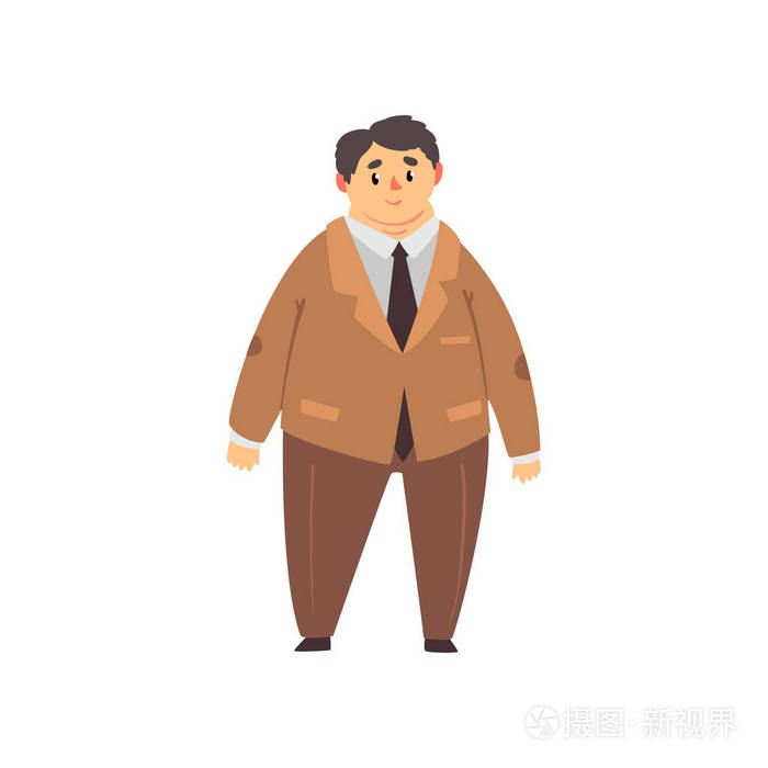 英俊超重的男人穿着棕色西装, 胖子穿着时髦的衣服, 身体正面矢量插图