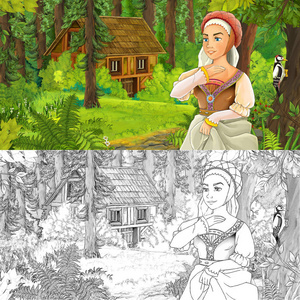 卡通场景与幸福的小女孩在森林中遇到隐藏的木屋插图为儿童。