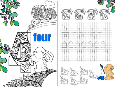 学前教育数学练习册。 儿童拼图。 教育书籍的插图。 四号。 处方。 有身材的兔子。 有图案的图形。 着色。 第4页