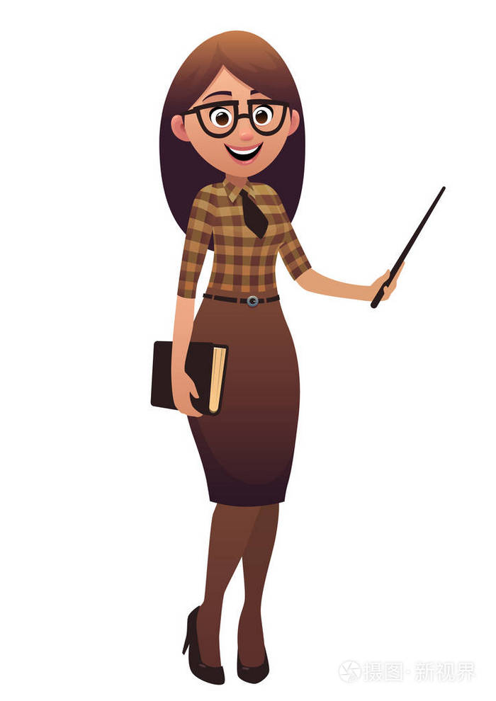 美丽的老师卡通人物站在白色背景上,与书和指针矢量隔离