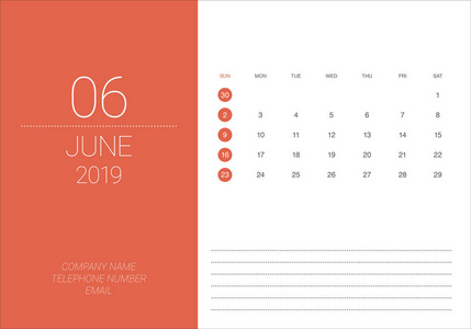 2019年6月办公桌日历矢量插图简单干净的设计。