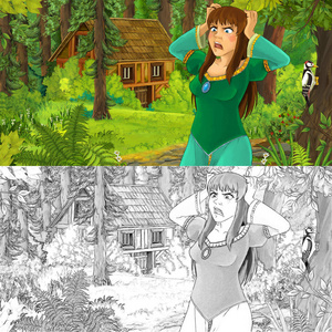 卡通场景与幸福的小女孩在森林中遇到隐藏的木屋插图为儿童。