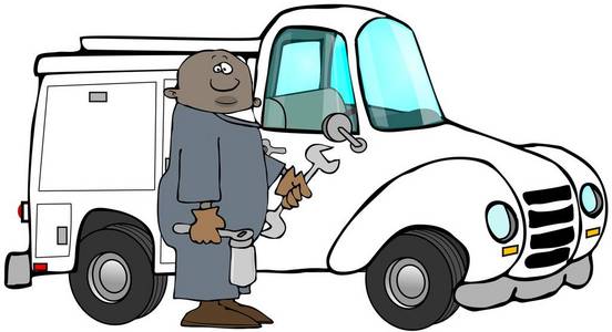 一个穿着工作服和拿着工具的黑人站在他的工作卡车旁边的插图。