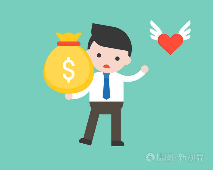 可爱的商人在商业形势下,观念的心飞走了,留给他一大袋钱,工作收入和