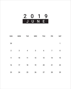 2019年6月办公桌日历矢量插图简单干净的设计。