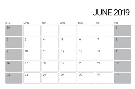 2019年6月办公桌日历矢量插图简单干净的设计。