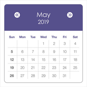 2019年5月每月日历矢量插图简单干净的设计。