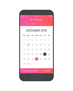 智能日历应用程序概念2018年12月页与做清单和任务矢量UIUX设计模拟手机。智能手机计划应用模板