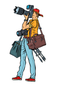 专业摄影师与照相机和设备.隔离在照片